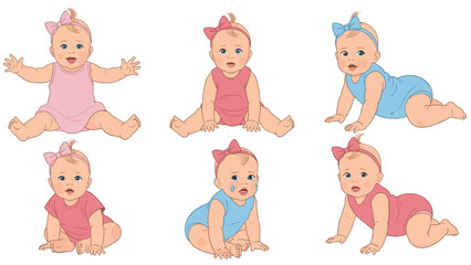 Naklejka premium Charming group of six adorable baby girls in various pink and blue outfits showing different emotions and cute poses.