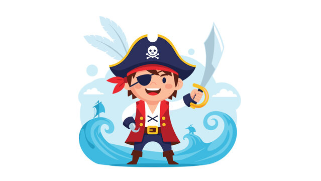Brave young pirate boy holding a silver sword and wearing a hook hand stands on the shore with blue ocean waves.