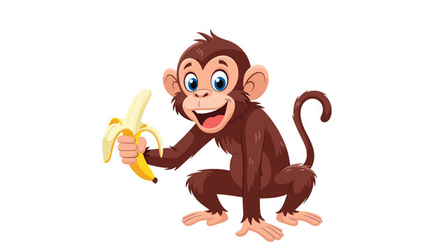 Cheerful brown monkey character sitting and holding a half-peeled yellow banana with a wide smile on a clean white background for kids.