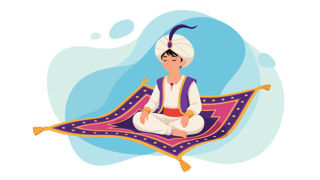 Young boy in traditional Arabian attire sitting on a decorative flying magic carpet against a stylized blue sky with fluffy white clouds.