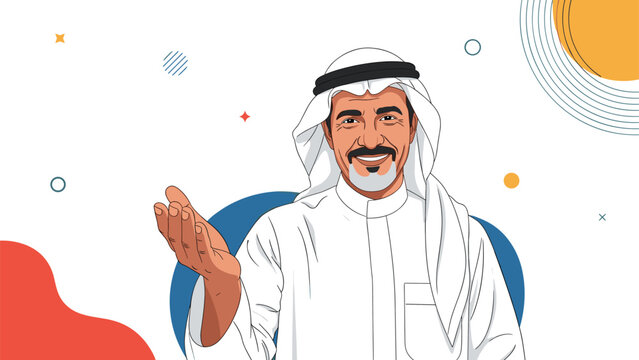 Friendly middle-aged Arab man with a gray beard and white traditional thawb gesturing warmly against a modern abstract colorful background.