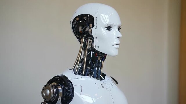 A robot with a white body and black head. The robot is made of metal and has a metallic look