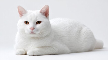 Obraz premium A fluffy white cat reclines on a soft surface, its bright orange eyes gazing directly at the viewer. Its serene presence adds warmth and calmness to the surrounding space