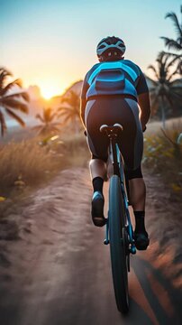 A group of people are riding bikes down a dirt road. The sun is setting, casting a warm glow over the scene. The riders are all wearing helmets and seem to be enjoying the ride