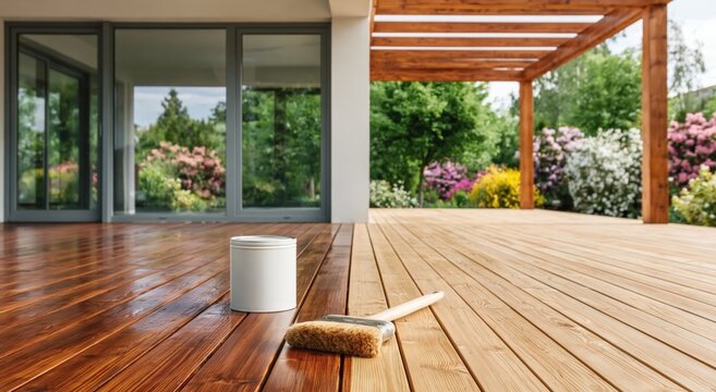 Home improvement and outdoor living staining wood deck with brush and can of stain for summer renovation project. High quality photo