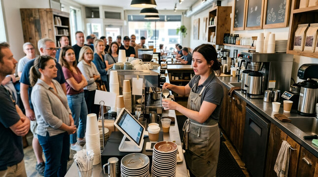 Barista woman preparing coffee for customer queue in cafe. Professional worker pouring steamed milk into cup. Crowded coffee shop interior with morning rush service during work day.