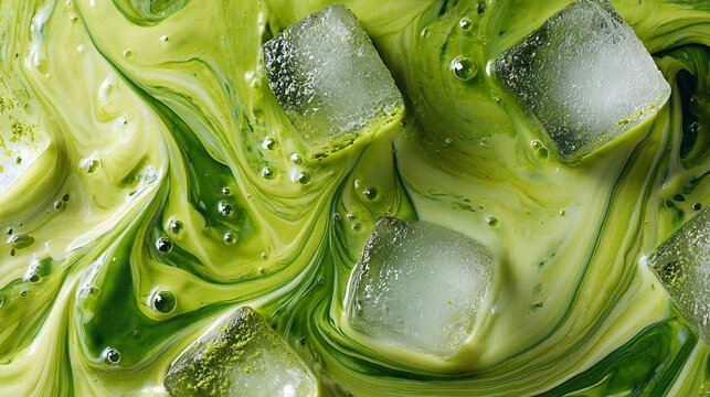 A close-up of liquid cold iced matcha tea with milk, with creamy swirls and ice cubes floating on top, captured in the moment the milk and matcha are blending, vivid  vibrant green colour.