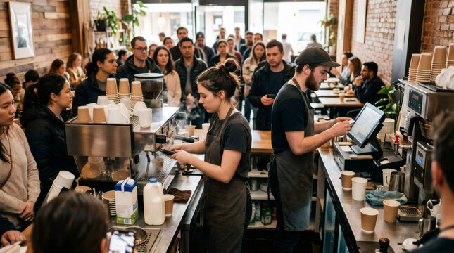 Barista woman and man preparing hot drink for queue of customer in busy coffee shop. Service staff working at cafe counter during rush hour. Modern urban lifestyle and small business.