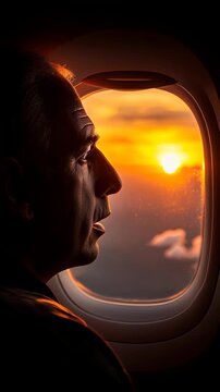 A man is looking out the window of an airplane. The sun is setting in the background. The man is looking at the sun, and the sky is orange