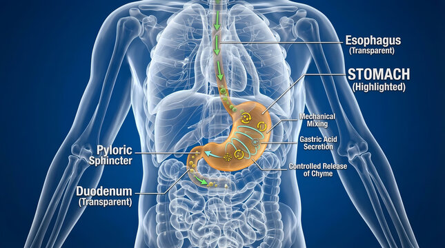 3D Medical Illustration of Human Stomach Function Showing Esophagus Duodenum Pyloric Sphincter Chyme Release and Gastric Digestion in Translucent Torso for Education.
