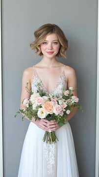 A woman is holding a bouquet of flowers and smiling. The flowers are pink and white, and the woman is wearing a white dress. Concept of happiness and celebration