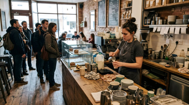 Barista preparing coffee drink for customer in cafe. Woman working in coffee shop with long queue of client waiting in line. Service industry, small business and lifestyle concept.
