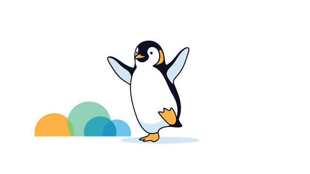 Cute cartoon penguin balances playfully on one leg with its wings spread out wide against a simple white background.