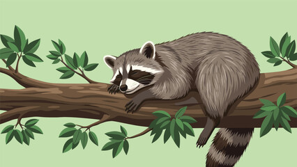 Obraz premium Cute grey raccoon with a masked face sleeps comfortably on a thick tree branch surrounded by many green leaves.