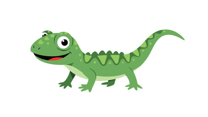 Obraz premium Friendly green cartoon lizard with big eyes and a happy smile stands on a clean white background in a simple style.