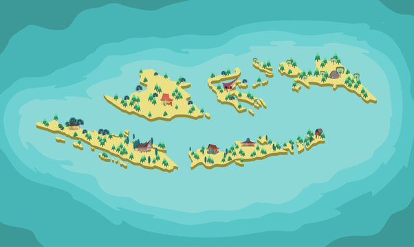 Indonesia Map Illustration Cartoon Style with Islands and Nature Elements