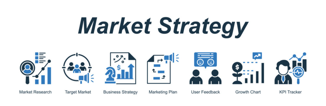WebMarket Strategy banner web icon vector illustration concept with an icon of Market Research, Target Market, Business Strategy, Marketing Plan, User Feedback, Growth Chart, KPI Tracker
