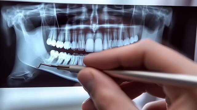 Dentist reviewing dental x-ray image with a tool, highlighting teeth and jawbone for examination and diagnosis