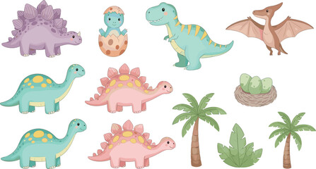 Cute Pastel Cartoon Baby Dinosaur Collection Set with Palm Tree and Nest Isolated on White Background for Kids Design © MDPappu