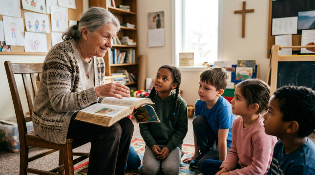 Senior woman teacher reading Bible story to diverse group of children. Sunday school lesson for kids in church. Religious education and spiritual growth for young student at class.