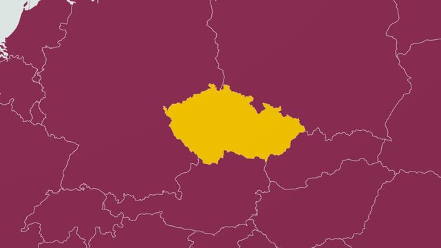 Czechia map. Animated zoom into the country on the Globe in Pale Mint Dark Pink color palette. Country logo animation with round text and airplanes. Map with meridians, parallels. Amazing video.