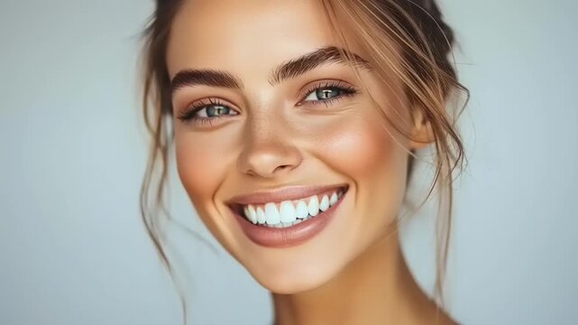 A young woman with a bright, beaming smile showcasing healthy, white teeth with perfect alignment, radiating confidence and joy in a close-up portrait