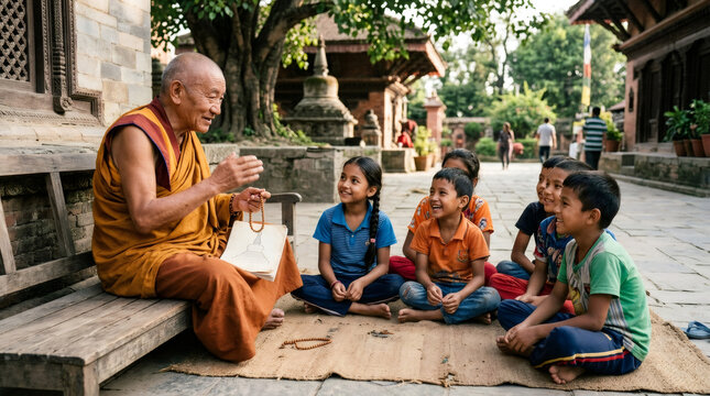 Monk teaching a group of happy children in a temple courtyard. Diverse kids listening to spiritual stories. Religious education, culture, spirituality and community learning concept.