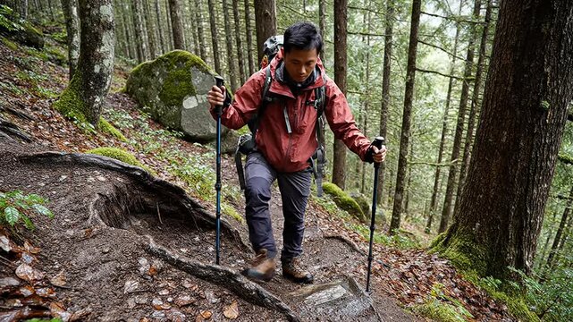 Dynamic hiking footage of a backpacker climbing a wet forest trail with trekking poles in cool natural light