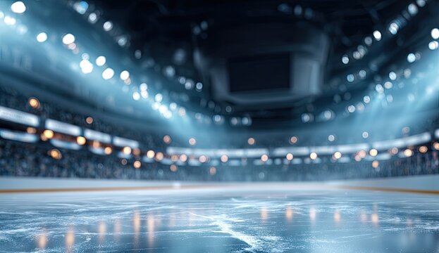 Illuminated ice rink in large stadium, crowd visible in blurred background