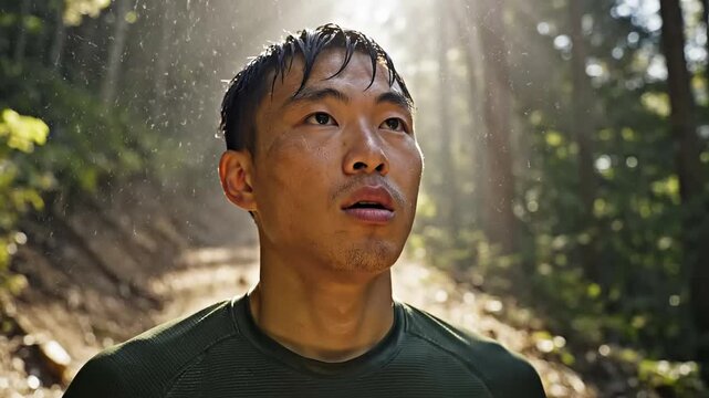 Cinematic close-up of exhausted trail runner cooling off with towel in sunlit forest after intense workout