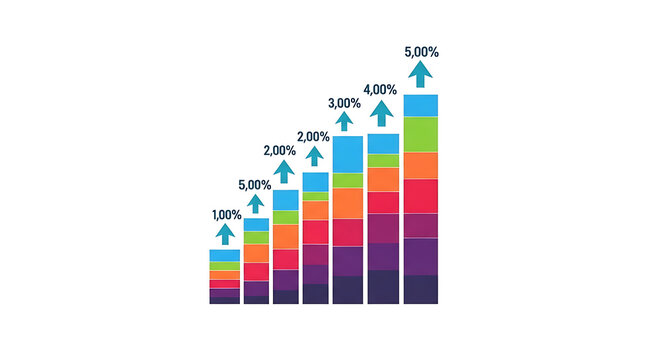Colorful stacked bar chart, percentage growth graph, business statistics, data analysis
