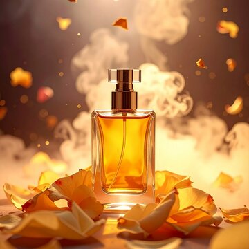 Luxury Amber Perfume Bottle Surrounded by Golden Rose Petals with Smoke and Bokeh Effect