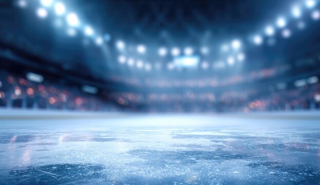 Empty ice arena with bright spotlights and blurred spectators in background