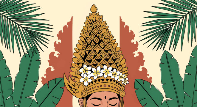Intricate illustration of a Balinese figure in a golden crown adorned with frangipani flowers, surrounded by lush tropical leaves and cultural motifs.