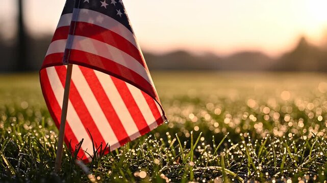 American flag planted in dewy grass at dawn, faintest flag movement, pale amber-pink dawn sky as generous copy space above, Memorial Day solemn and dignified morning atmosphere.