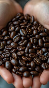 A person is holding a handful of coffee beans. The beans are small and brown, and they are being held in the person's hand. Concept of warmth and comfort, as coffee is often associated with relaxation