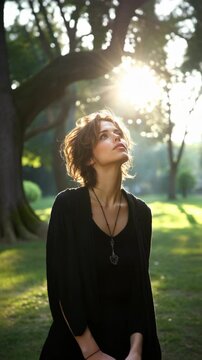 A woman with a necklace is smiling and looking up at the sky. Concept of happiness and contentment