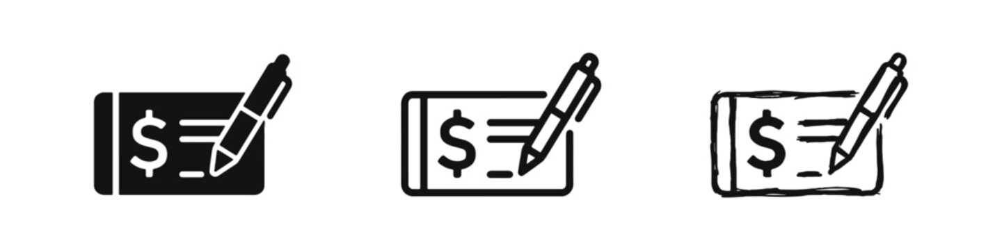 Bank Check and Pen Icon Set for Finance and Payment