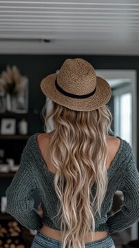 A woman with long blonde hair is wearing a brown hat and blue jeans. She is standing in front of a wall with a mirror