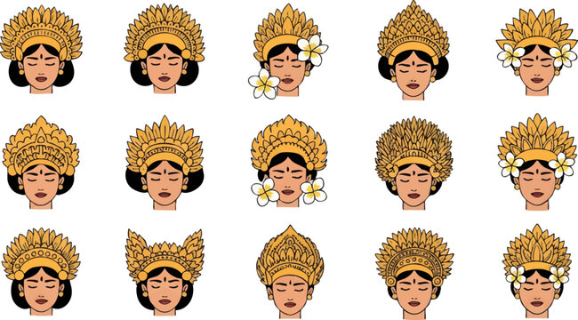 Set of traditional Balinese dancer headpieces and crowns, featuring ornate golden designs and cultural elements, vector illustration for design projects.