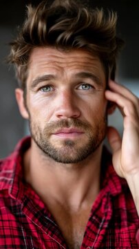 A man with a beard and a red plaid shirt is looking at the camera. He has a serious expression on his face