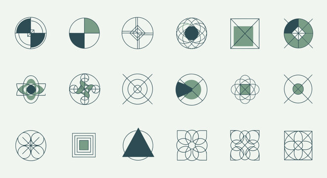 Geometric shapes and abstract icons.