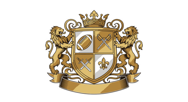 Golden crest with lion supporters heraldry.