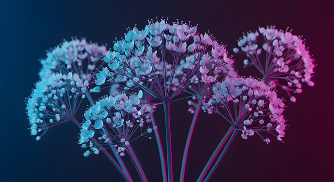 Abstract blue and pink lit floral umbels. Modern botanical lighting and neon nature photography. Symmetrical flower clusters illuminated with vibrant colorful highlights on dark backdrop