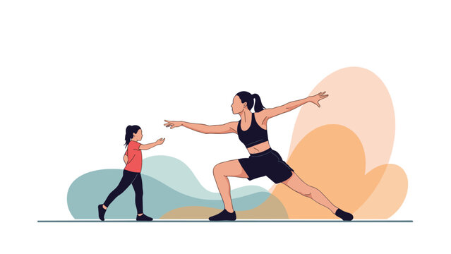 Fit woman and her young daughter practice yoga poses and stretching exercises together against a background of soft shapes.