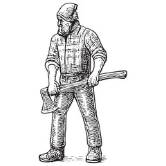 Obraz premium Lumberjack Worker Holding Axe Standing Ready Forestry Logging Professional Outfit