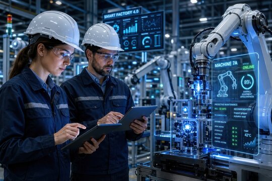 Industry 4.0 Smart Factory Engineers Using Tablets with Robotic Arm Automation and Real Time Data Interface