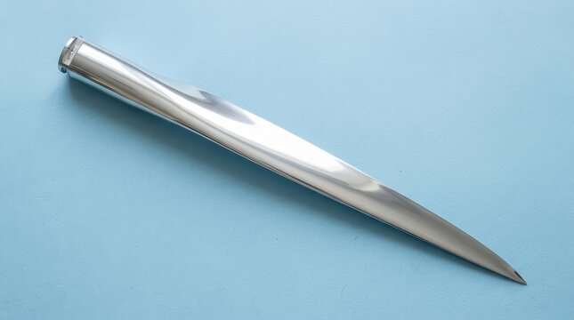 A silver dagger lies on a light blue surface with its tip pointing downward.