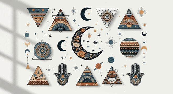 Boho Celestial Elements Set with Moon Hamsa and Geometric Shapes