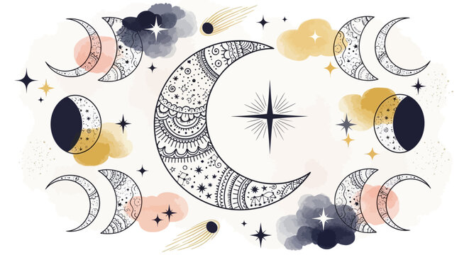 Boho Celestial Moon Phases with Stars and Watercolor Clouds